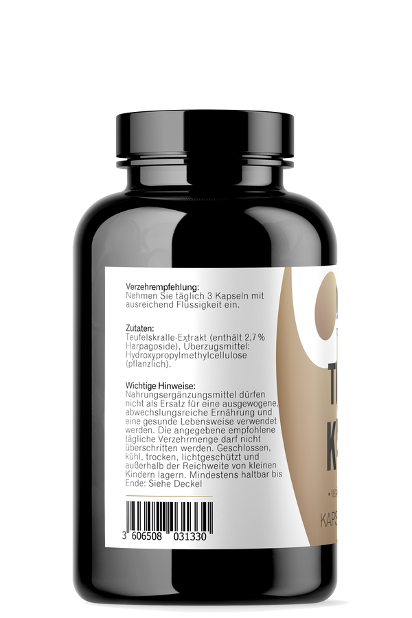 Teufelskralle Kapseln 150 Stück Seitenansicht mit Zutaten