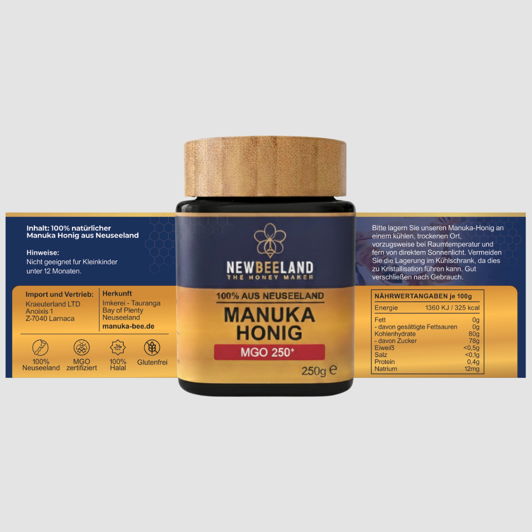 Etikett des NewBeeLand Manuka Honig MGO 250+ mit Angaben zu Inhaltsstoffen, Lagerung, Nährwerten und Herkunft aus Bay of Plenty, Neuseeland.