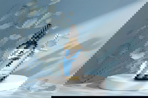 Vitamin A Tropfenflasche von Kräuterland auf weißem Podest vor blauem Hintergrund mit Eukalyptus