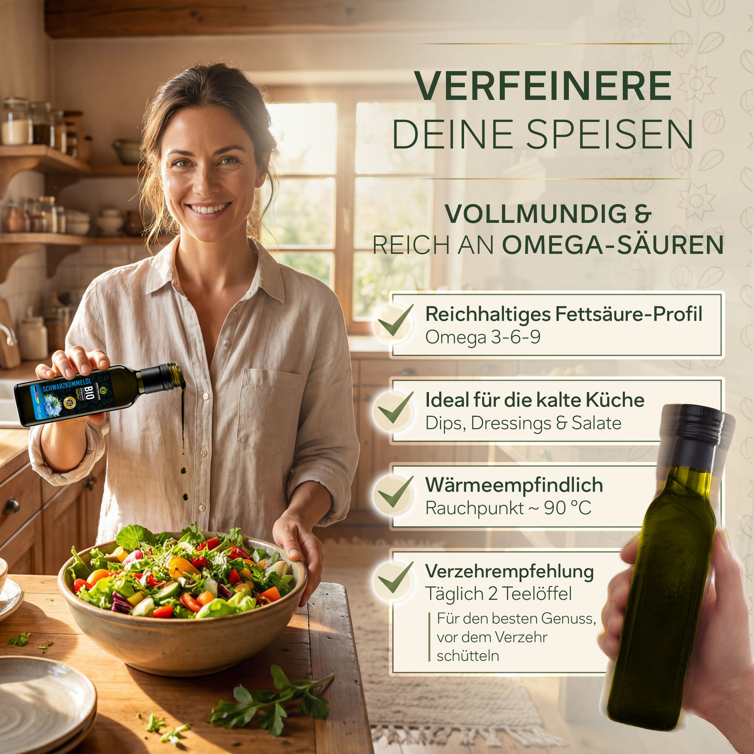 Schwarzkümmelöl für Salate und kalte Küche Kräuterland Bio Schwarzkümmelöl zum Verfeinern von Speisen, ideal für Dressings, Dips und Salate in der kalten Küche