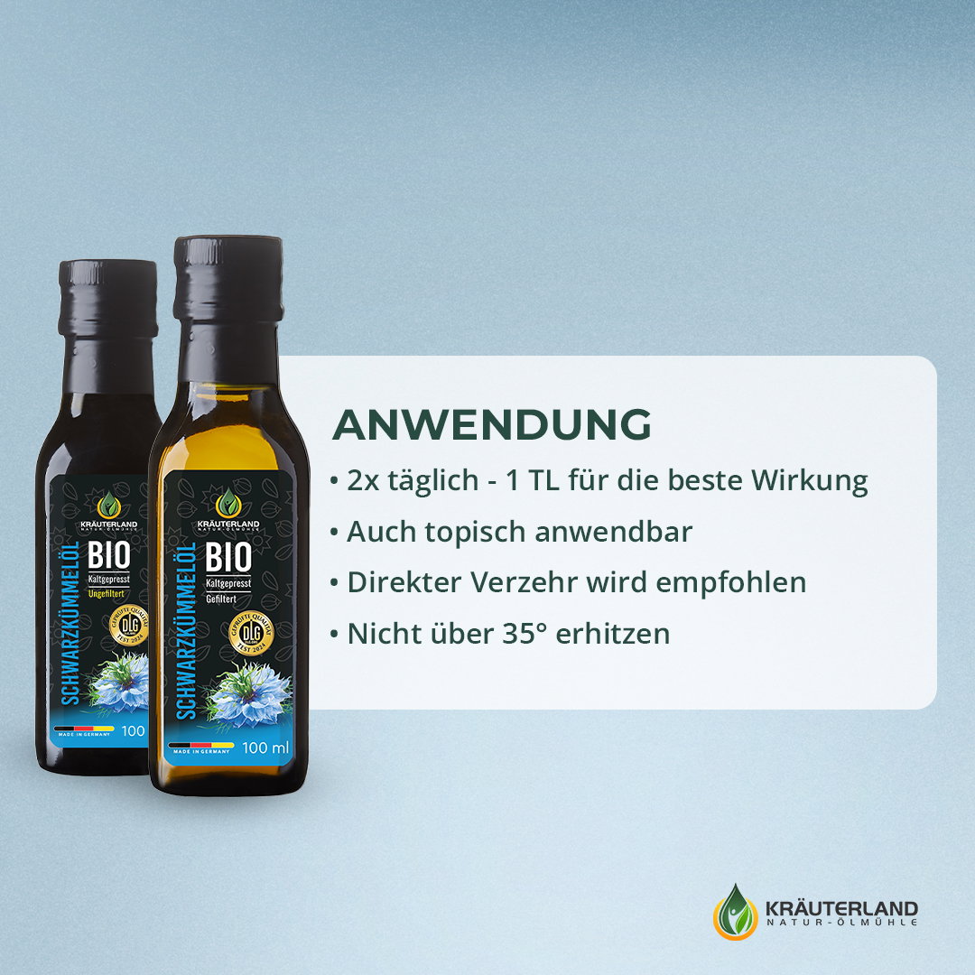 Bio Schwarzkümmelöl 100 ml Set – Anwendung & Einnahme | Kräuterland Bio Schwarzkümmelöl 100 ml Set gefiltert und ungefiltert – Anwendung und Verzehrempfehlung