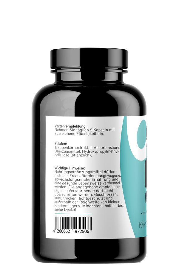 Seitenansicht der Zutaten von OPC + Vitamin C Kapseln 240 Stück Seitenansicht der Zutaten von OPC + Vitamin C Kapseln 240 Stück