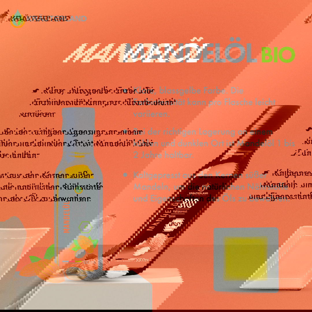 Bio Mandelöl von Kräuterland mit Informationen zu Farbe Lagerung und kaltgepresster Herstellung