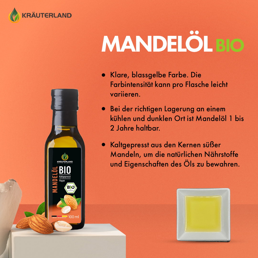 Kräuterland Bio Mandelöl Eigenschaften und Qualitätsbeschreibung Bio Mandelöl von Kräuterland mit Informationen zu Farbe Lagerung und kaltgepresster Herstellung