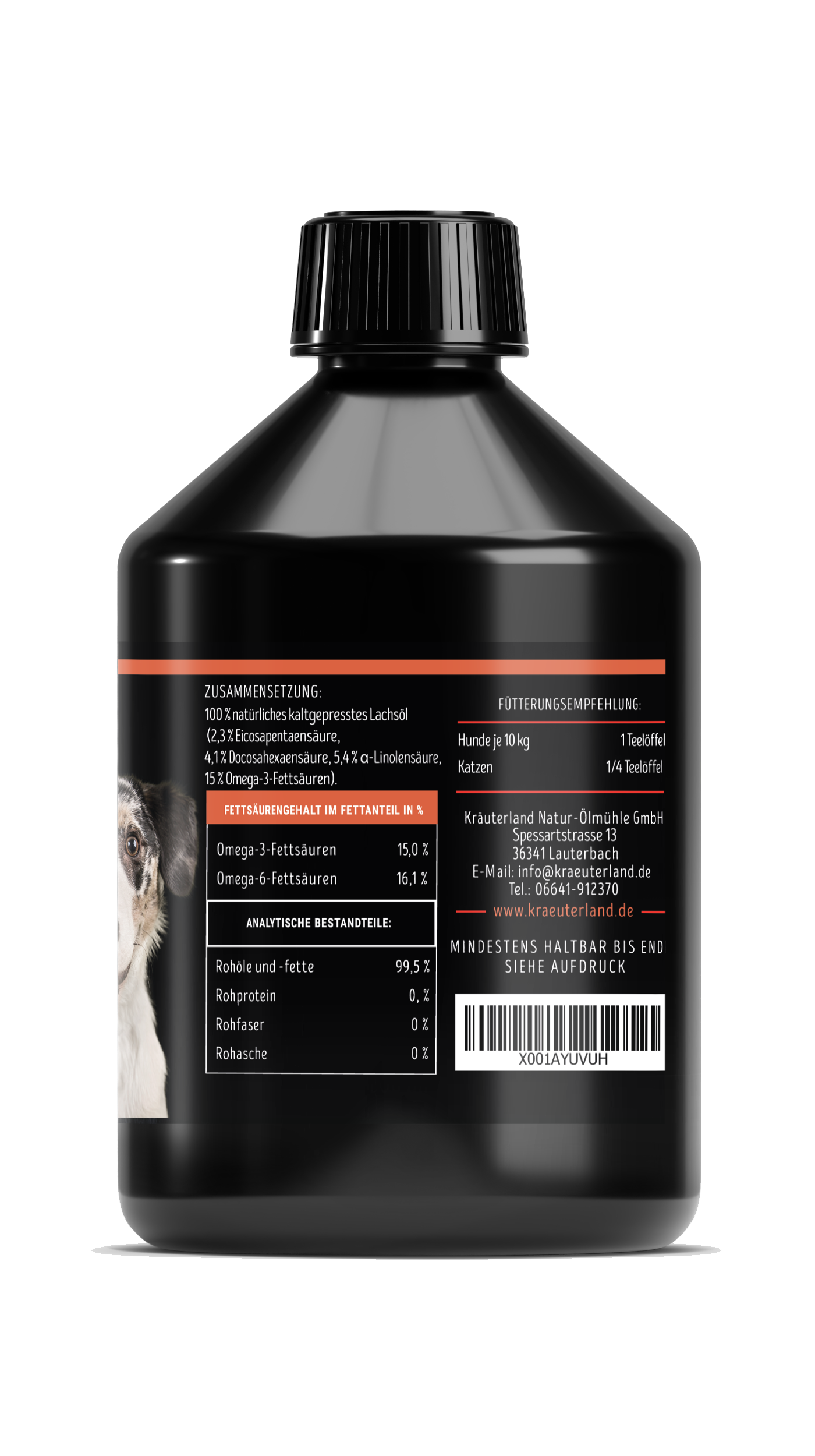 Seitenansicht von Lachsöl Flasche für Hunde Seitenansicht von Lachsöl Flasche für Hunde