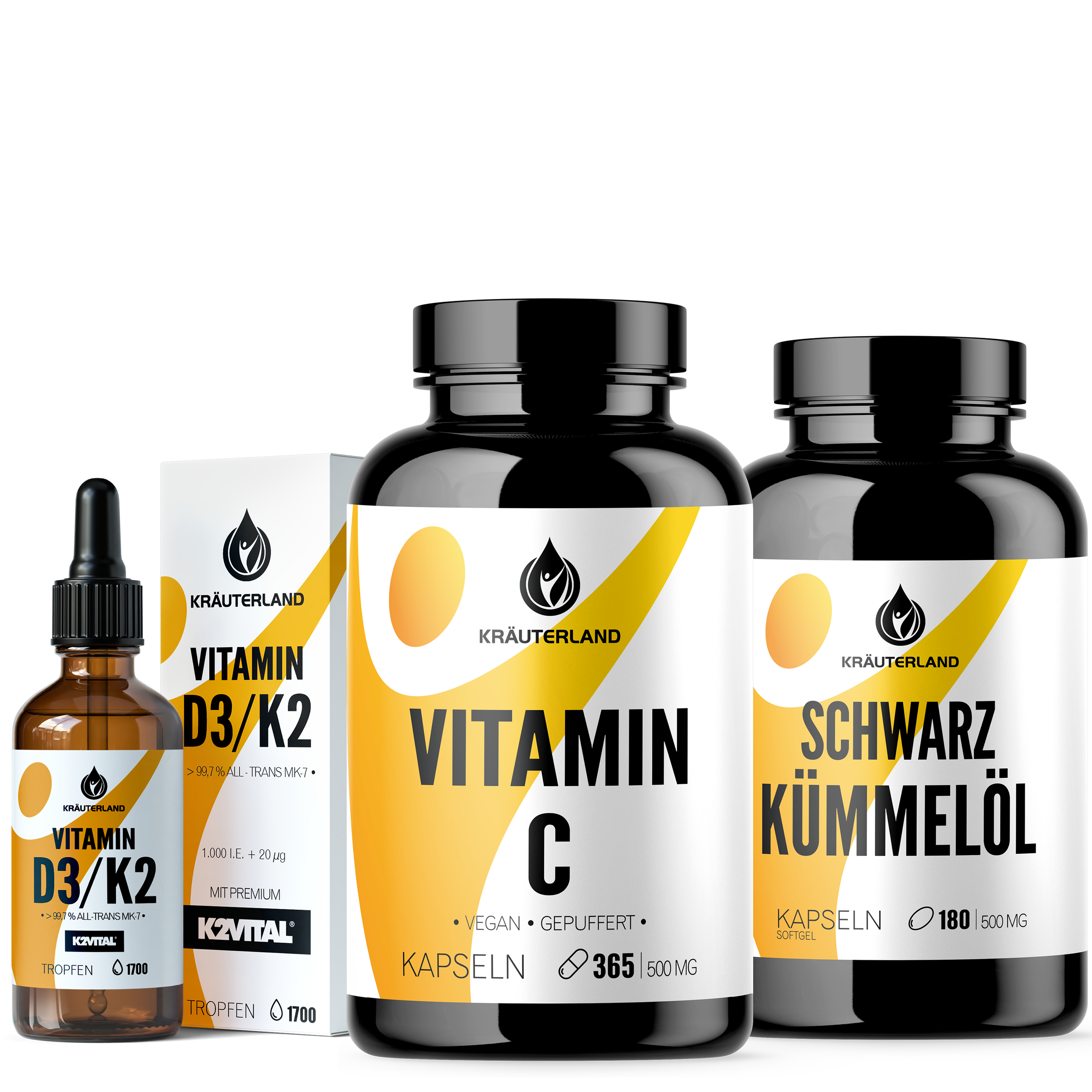 Nährstoff Basis Set von Kräuterland Nahrungsergänzung mit Vitamin C Kapseln, Vitamin D3+K2 Tabletten und Schwarzkümmelöl Kapseln