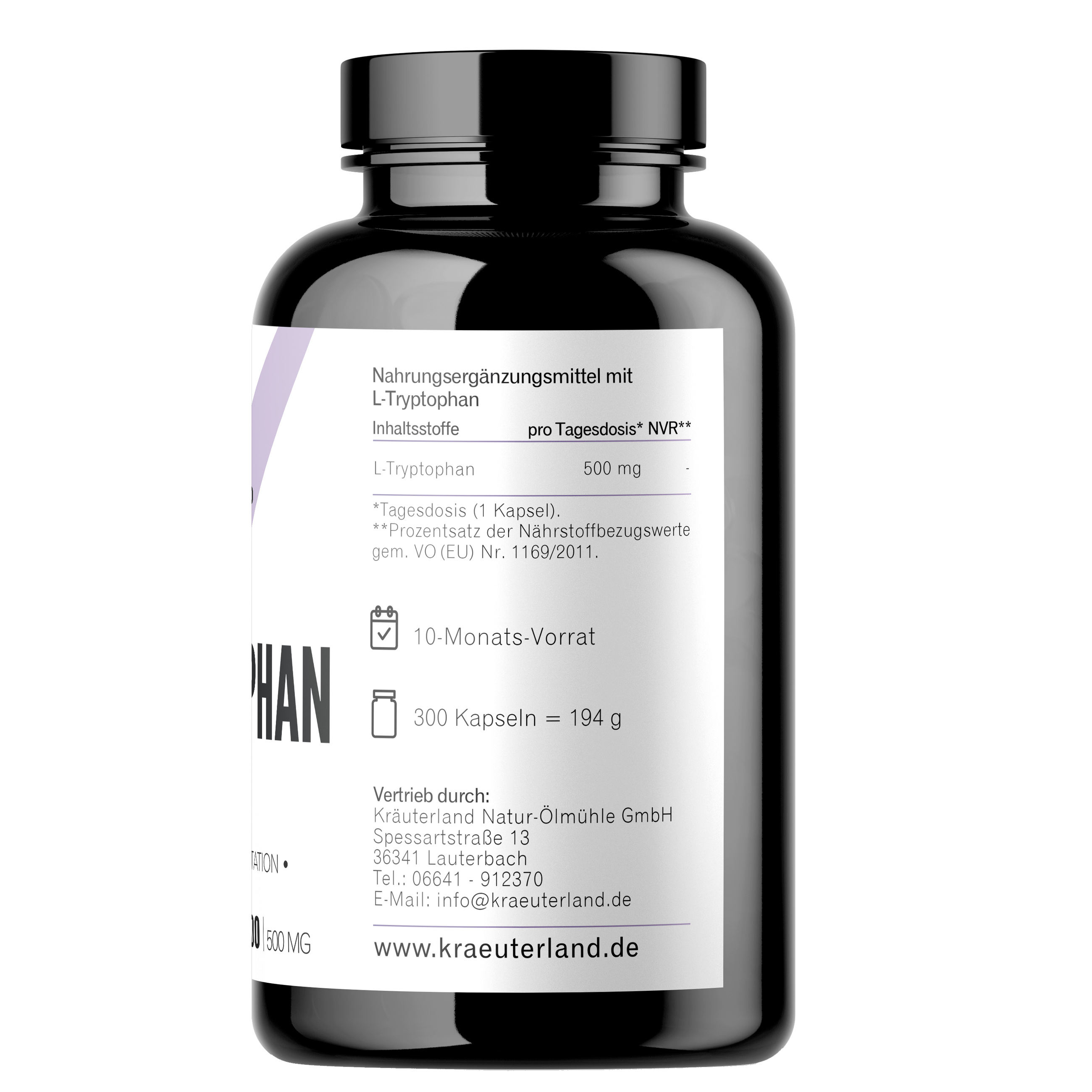 Seitenansicht von L-Tryptophan Kapseln 300 Stück mit Nährwertangaben Seitenansicht von L-Tryptophan Kapseln 300 Stück mit Nährwertangaben