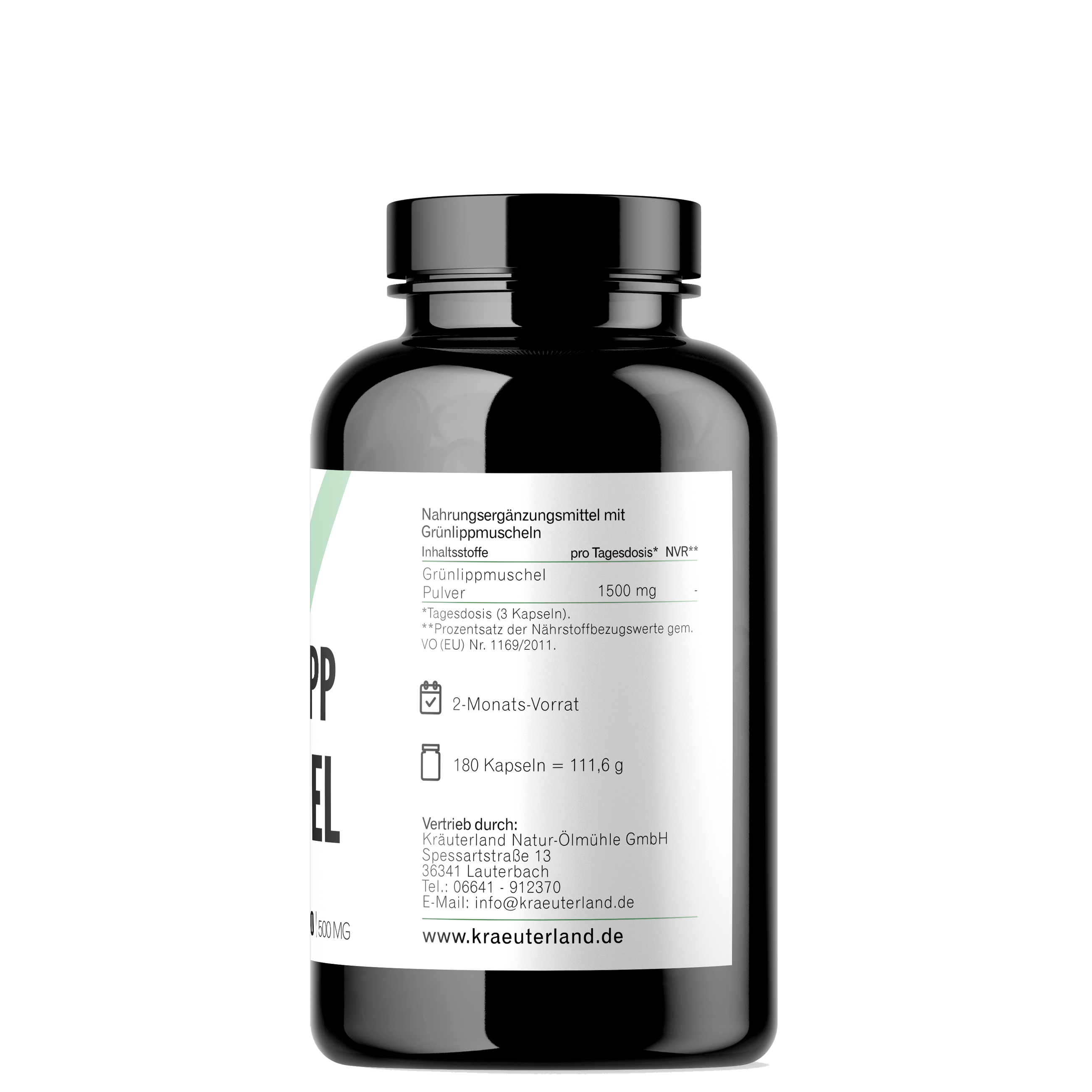 Grünlippmuschel Kapseln 180 Stück Seitenansicht mit Nährwertangaben