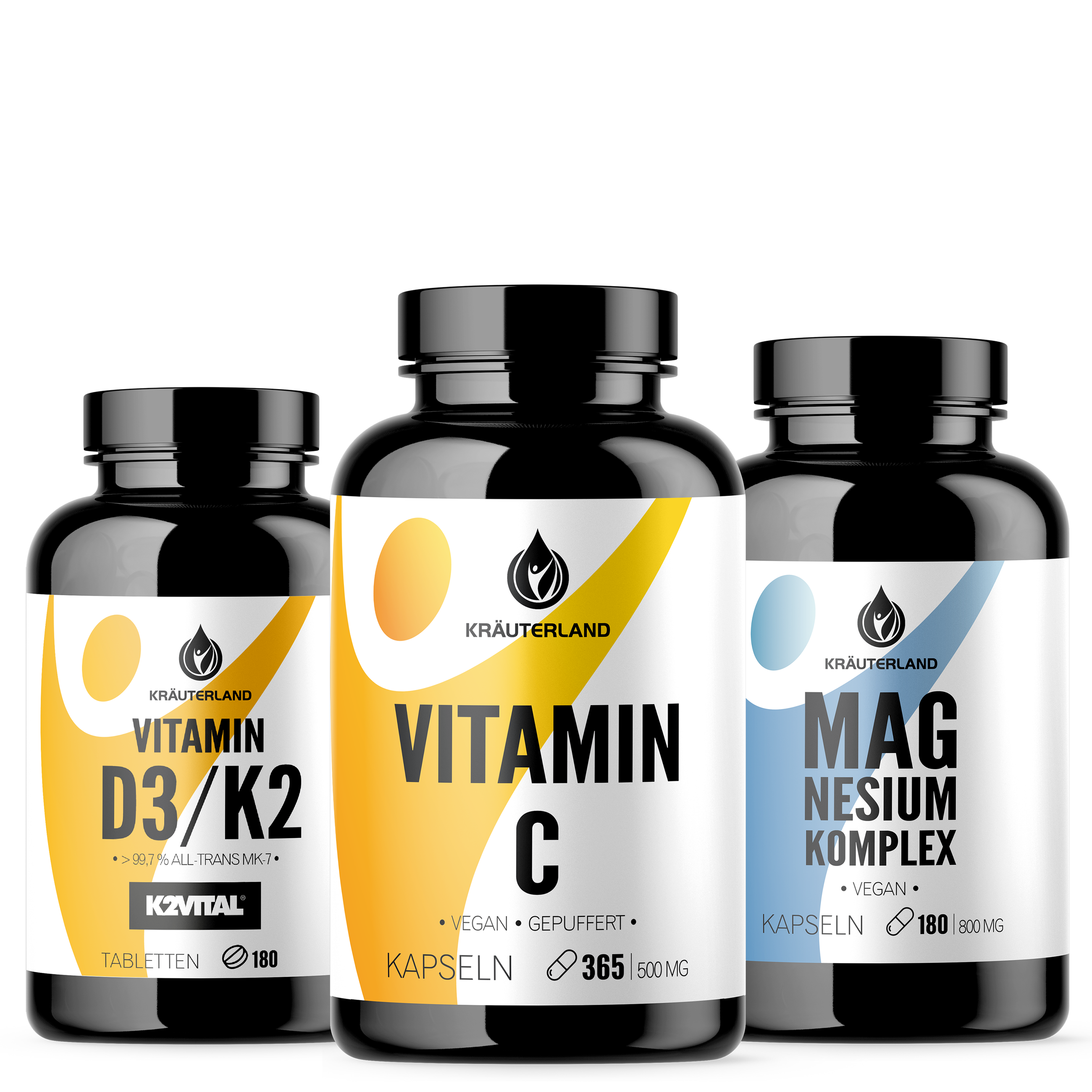 Nahrungsergänzung mit Vitmain C Kapseln, Vitamin D3 + K2 Tabletten und Magnesium Komplex Kapseln