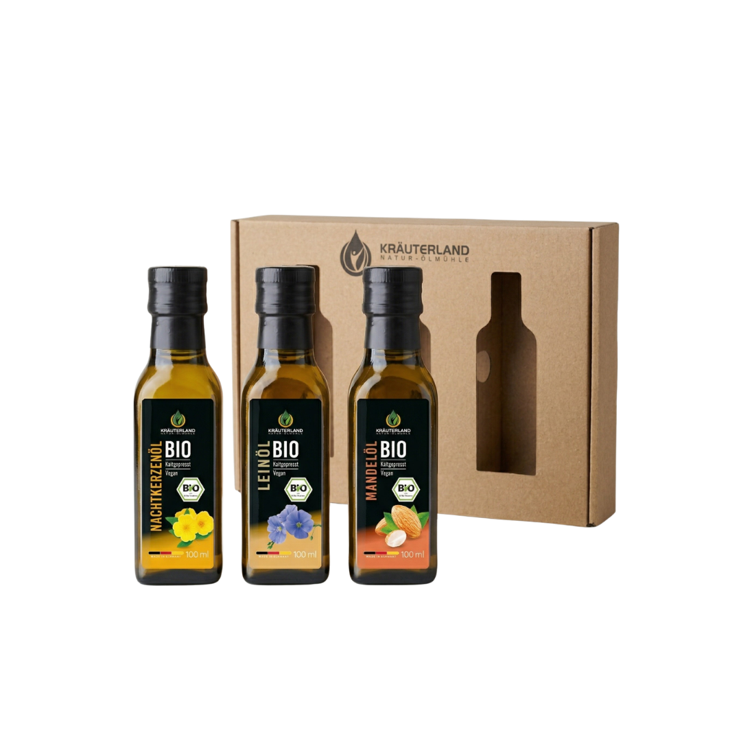 Bio Wohlfühlöl Set 100 ml – Mandel-, Lein- & Nachtkerzenöl | Kräuterland Bio Wohlfühlöl Set 100 ml – Mandelöl, Leinöl und Nachtkerzenöl von Kräuterland