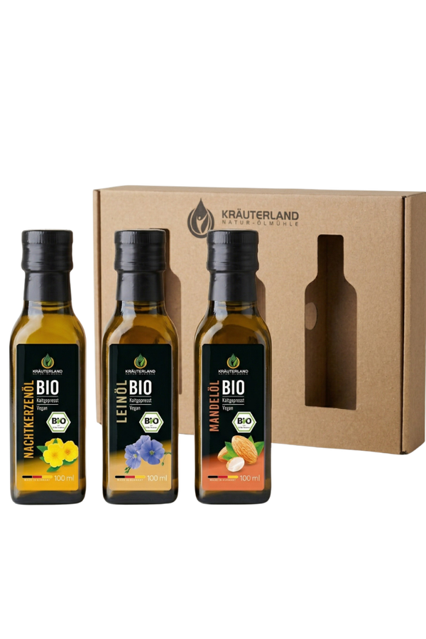Bio Wohlfühlöl Set 100 ml – Mandel-, Lein- & Nachtkerzenöl | Kräuterland Bio Wohlfühlöl Set 100 ml – Mandelöl, Leinöl und Nachtkerzenöl von Kräuterland