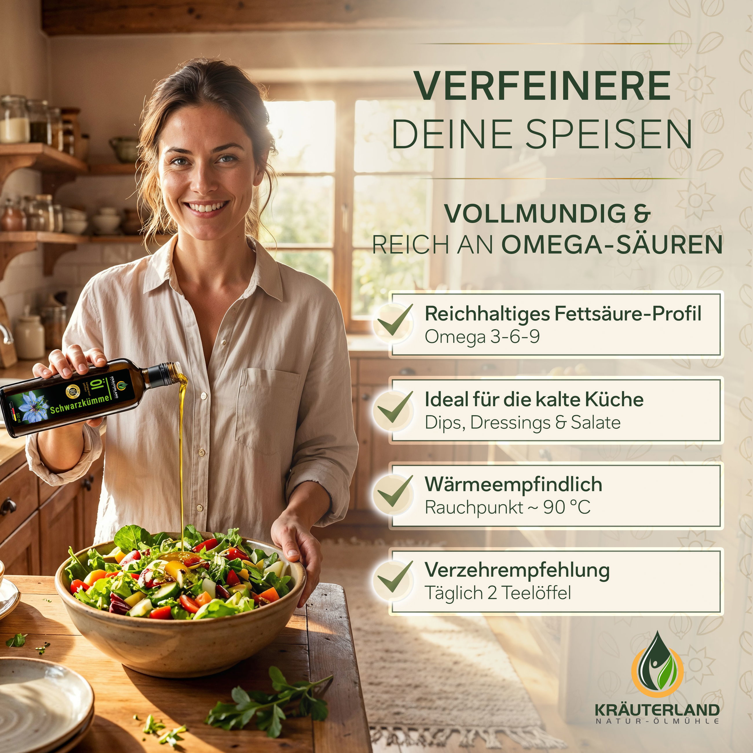 Kräuterland Schwarzkümmelöl gefiltert 500 ml zum Verfeinern von Speisen, ideal für Dressings, Dips und Salate in der kalten Küche
