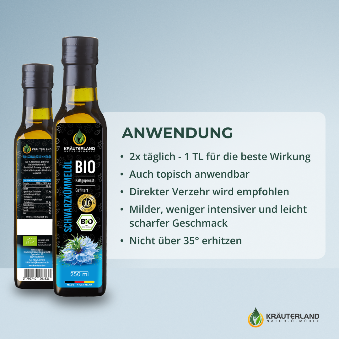 Bio Schwarzkümmelöl gefiltert 250 ml Verzehrempfehlung Bio Schwarzkümmelöl gefiltert 250 ml Verzehrempfehlung