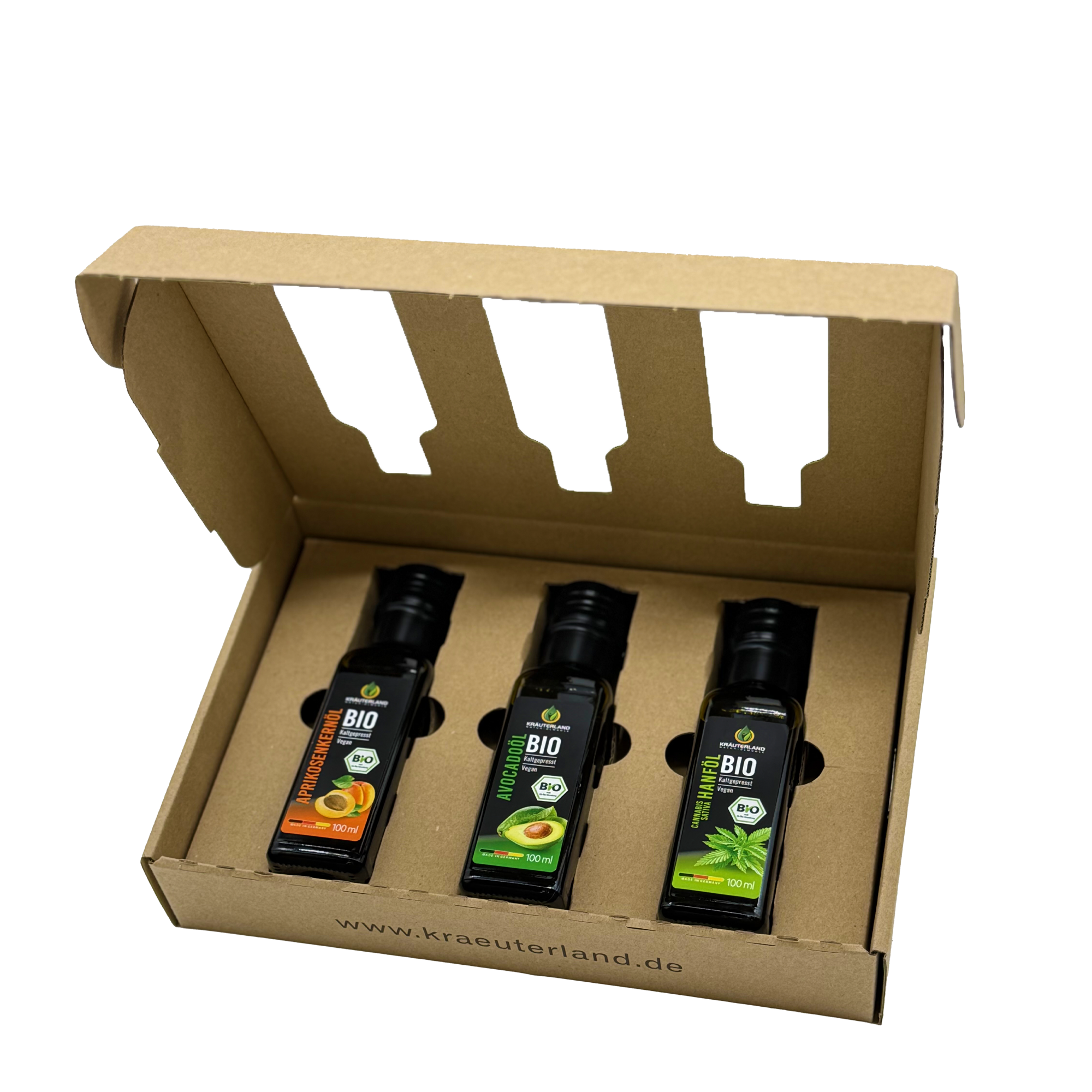 Bio Speiseöl Kennenlern Set 100 ml – Avocadoöl, Aprikosenkernöl und Hanföl in geöffneter Geschenkverpackung