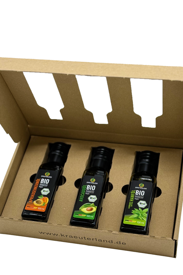 Bio Speiseöl Kennenlern Set 100 ml – Avocadoöl, Aprikosenkernöl und Hanföl in geöffneter Geschenkverpackung