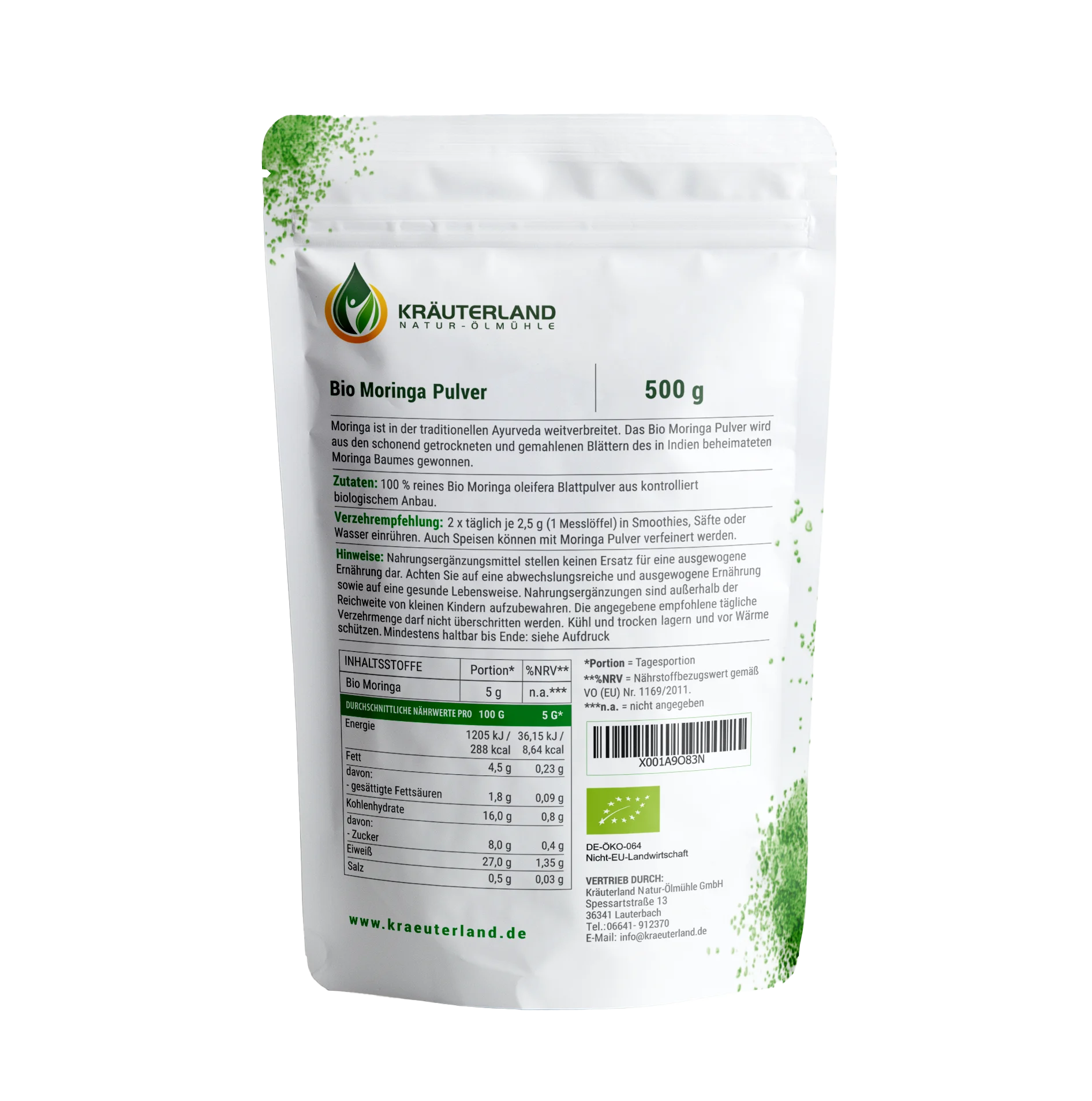 Bio Moringa Pulver 500g Rückseite Bio Moringa Pulver 500g Rückseite