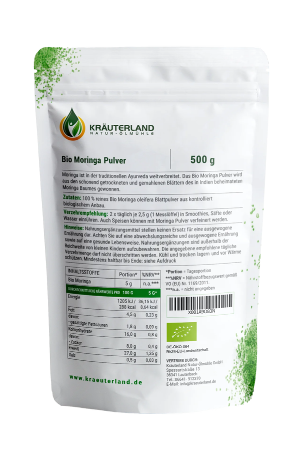 Bio Moringa Pulver 500g Rückseite Bio Moringa Pulver 500g Rückseite