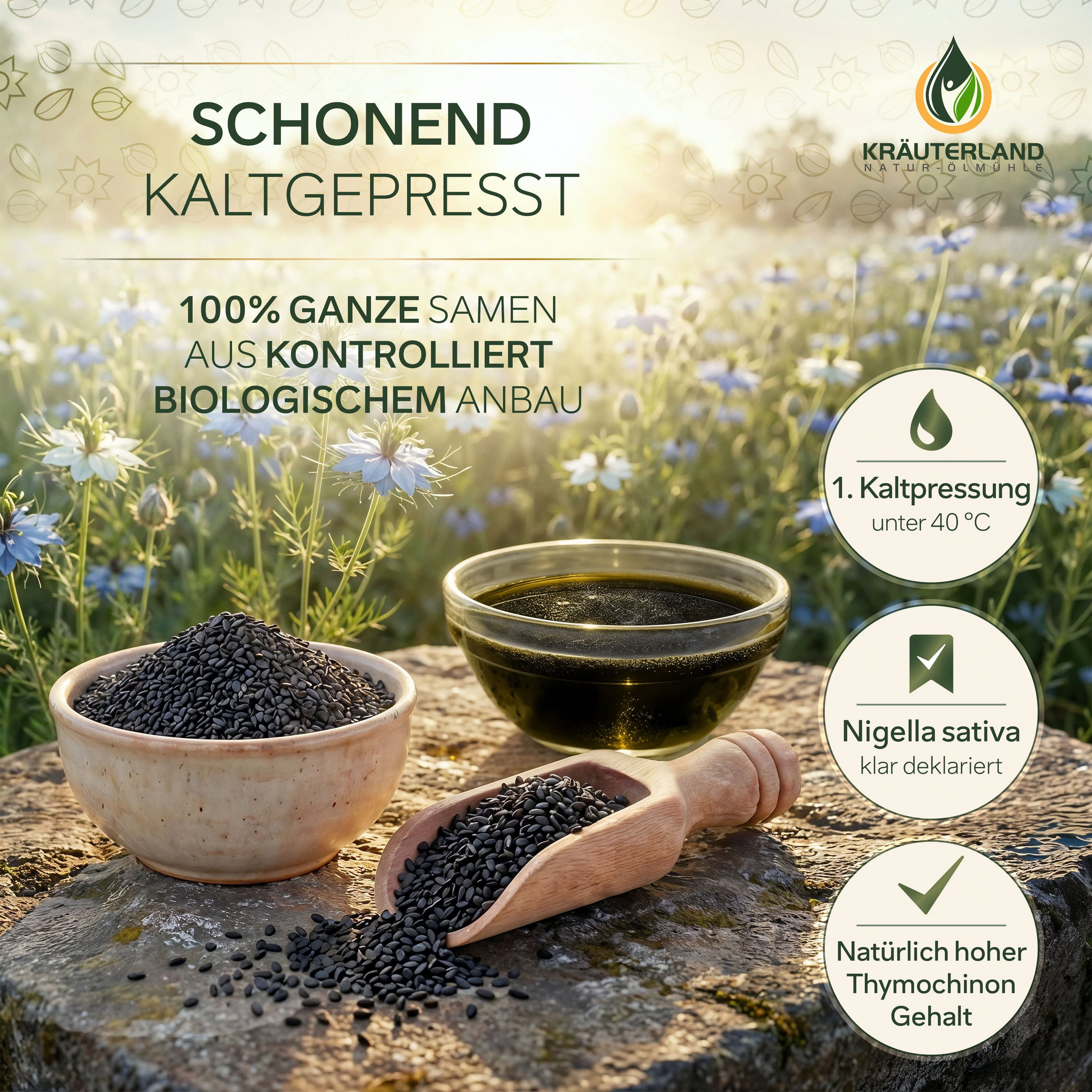 Schonend kaltgepresstes Bio Schwarzkümmelöl Bio Schwarzkümmelöl von Kräuterland, schonend kaltgepresst aus ganzen Nigella sativa Samen aus kontrolliert biologischem Anbau