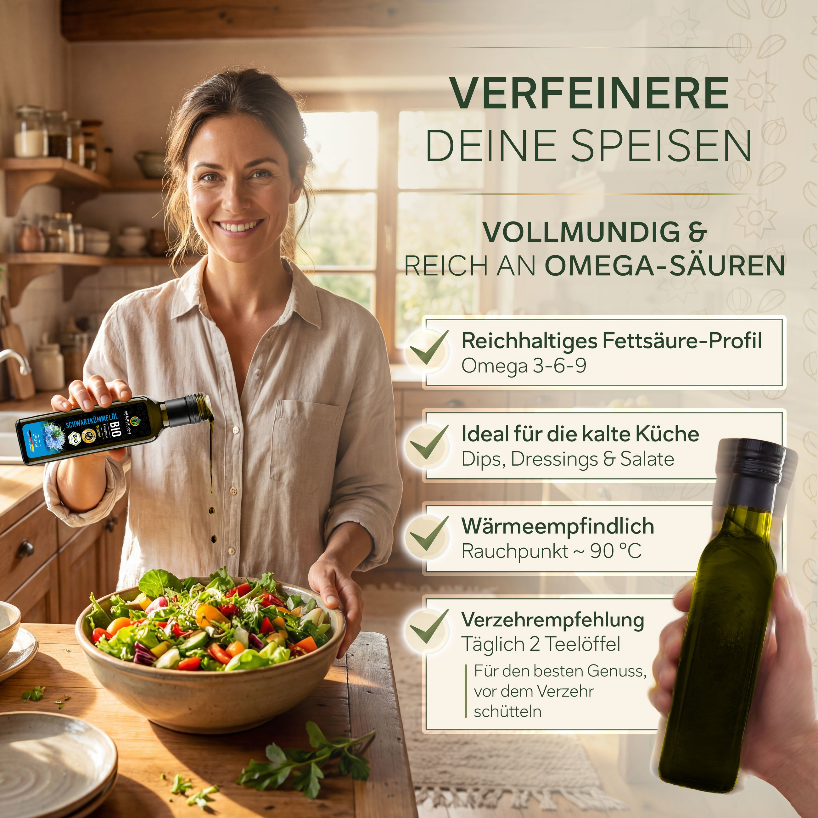 Kräuterland Bio Schwarzkümmelöl zum Verfeinern von Speisen, ideal für Dressings, Dips und Salate in der kalten Küche