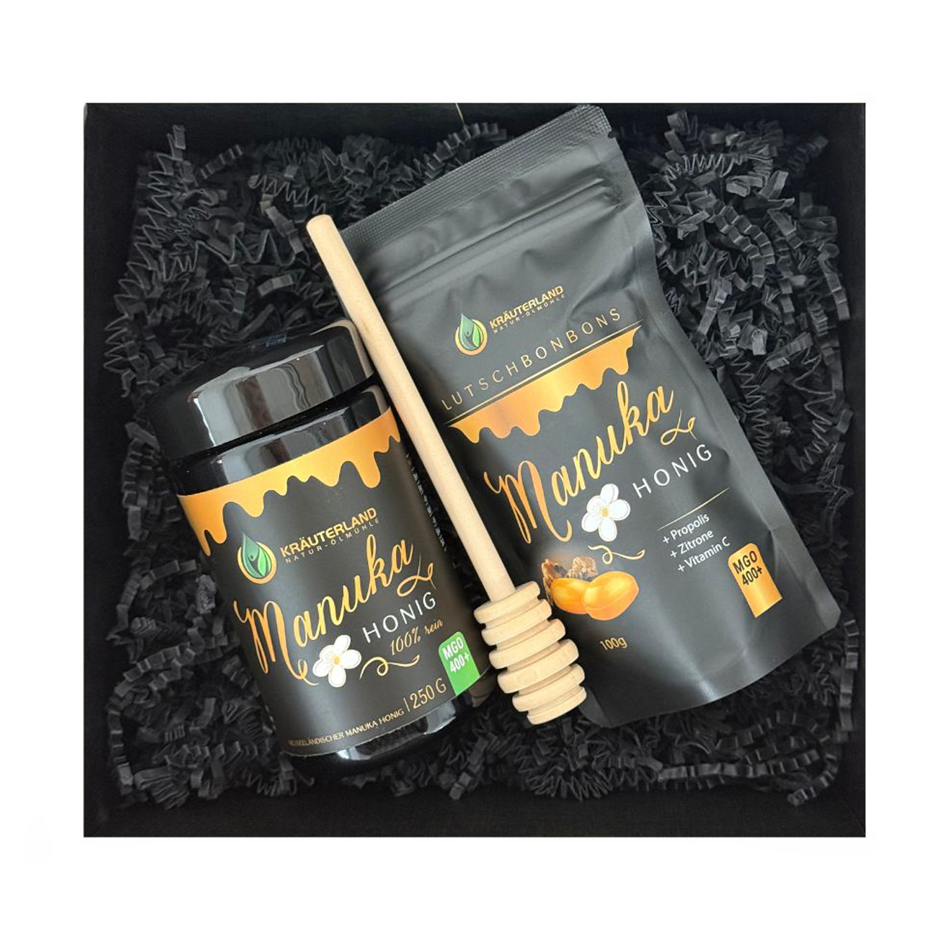 Kräuterland Geschenkset Manuka Honig mit Lutschbonbons MGO 400 Geschenkset mit Manuka Honig und Manuka Lutschbonbons von Kräuterland in schwarzer Geschenkbox
