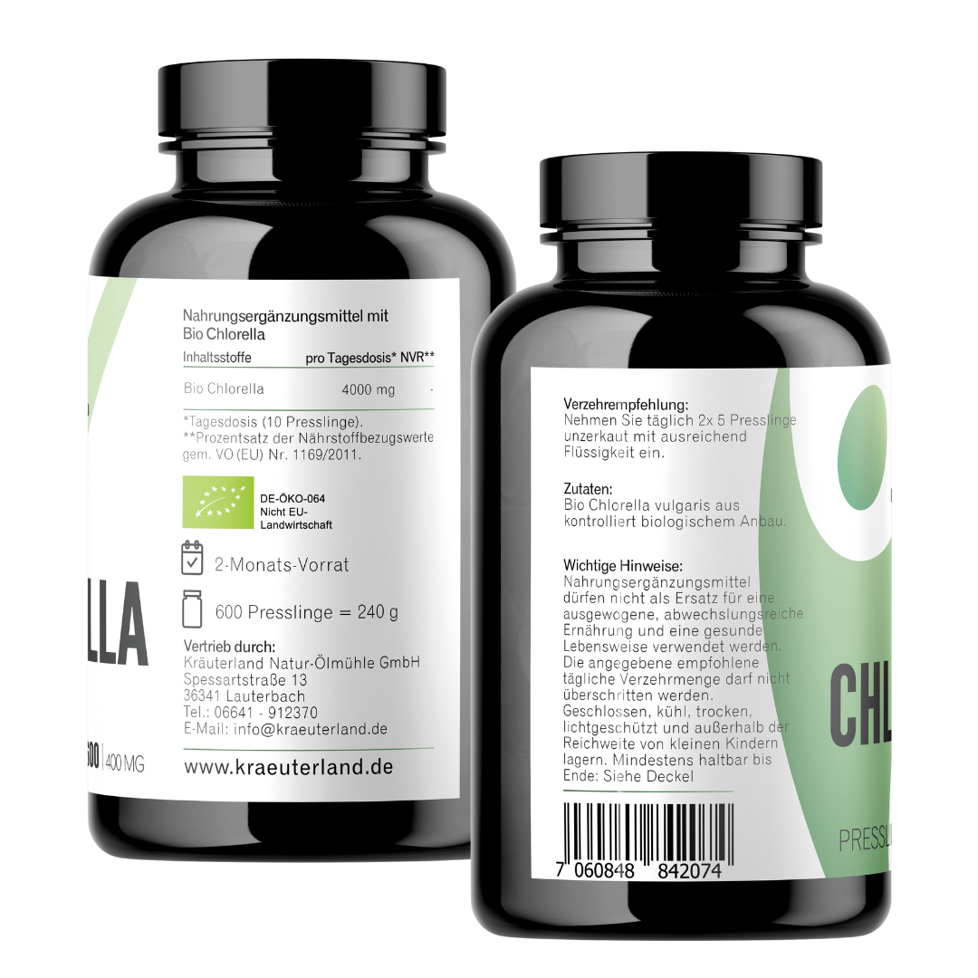 Bio Chlorella Presslinge 600 Stück mit Seitenansicht Bio Chlorella Presslinge 600 Stück mit Seitenansicht