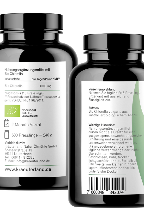 Bio Chlorella Presslinge 600 Stück mit Seitenansicht Bio Chlorella Presslinge 600 Stück mit Seitenansicht