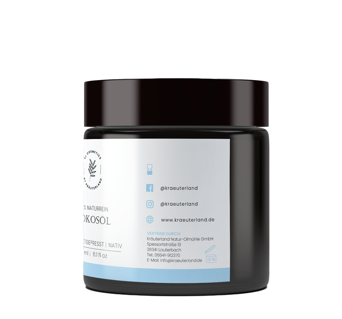 Seitenansicht Kosmetik Kokosöl mit Informationsangaben