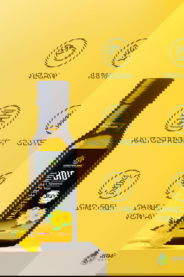 Bio Nachtkerzenöl von Kräuterland mit Icons für vegan rein kaltgepresst glutenfrei gentechnikfrei und ohne Aromazusatz