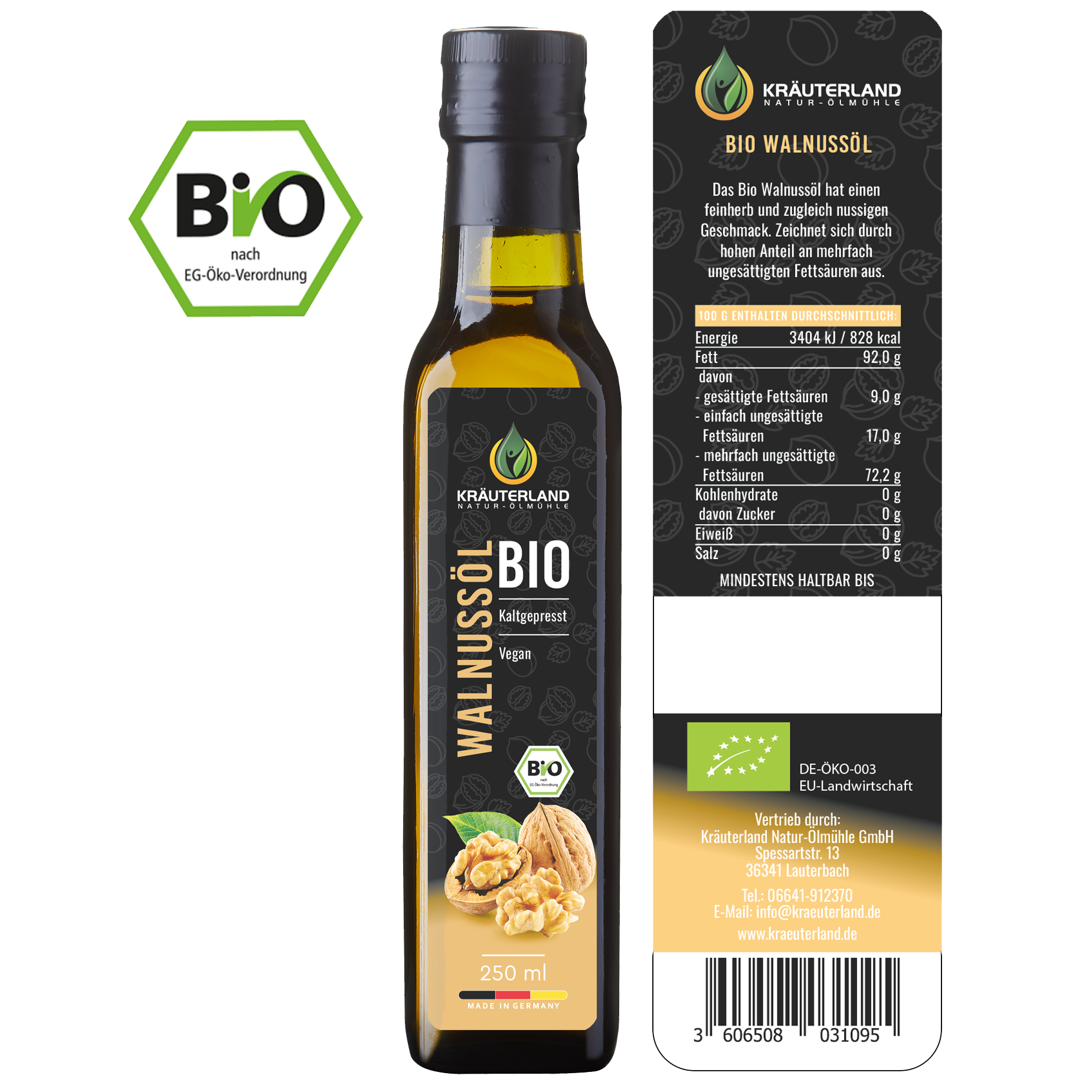 Bio Walnussöl 250 ml Rückseite mit Etikett Bio Walnussöl 250 ml Rückseite mit Etikett