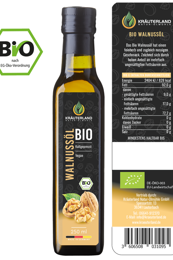 Bio Walnussöl 250 ml Rückseite mit Etikett Bio Walnussöl 250 ml Rückseite mit Etikett