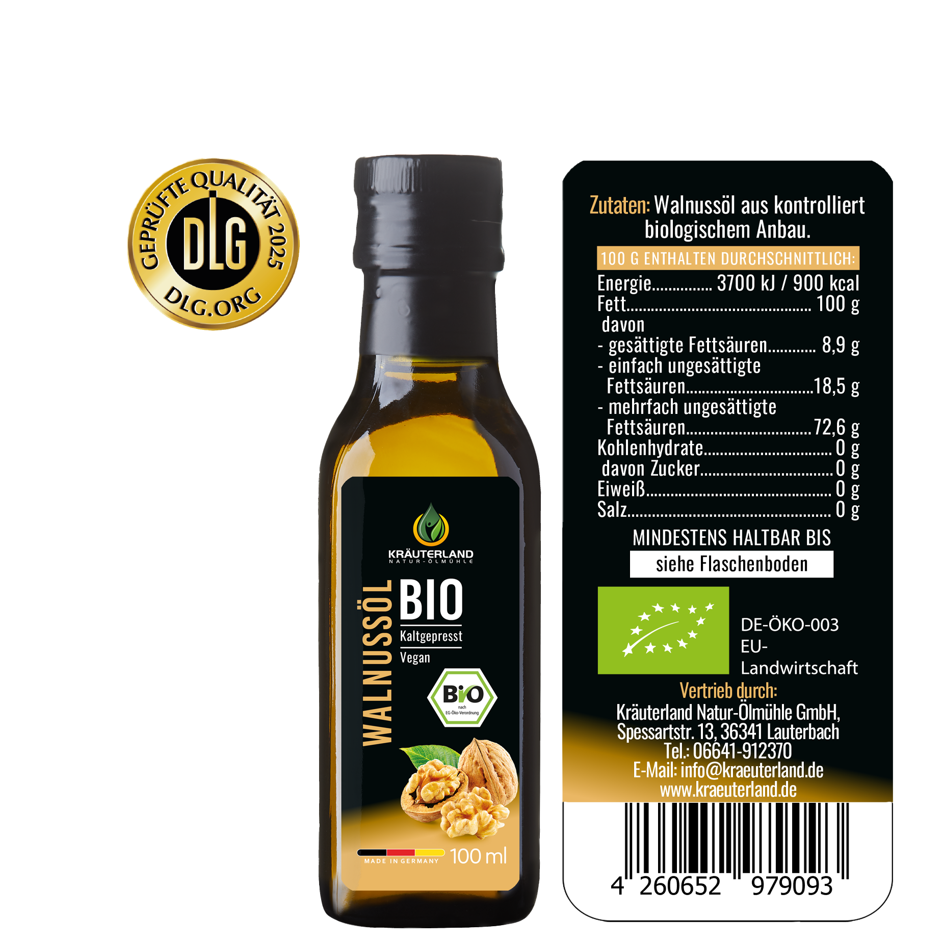Rückseite des Kräuterland Bio Walnussöls mit Zutatenliste Nährwerttabelle und Bio Zertifizierung