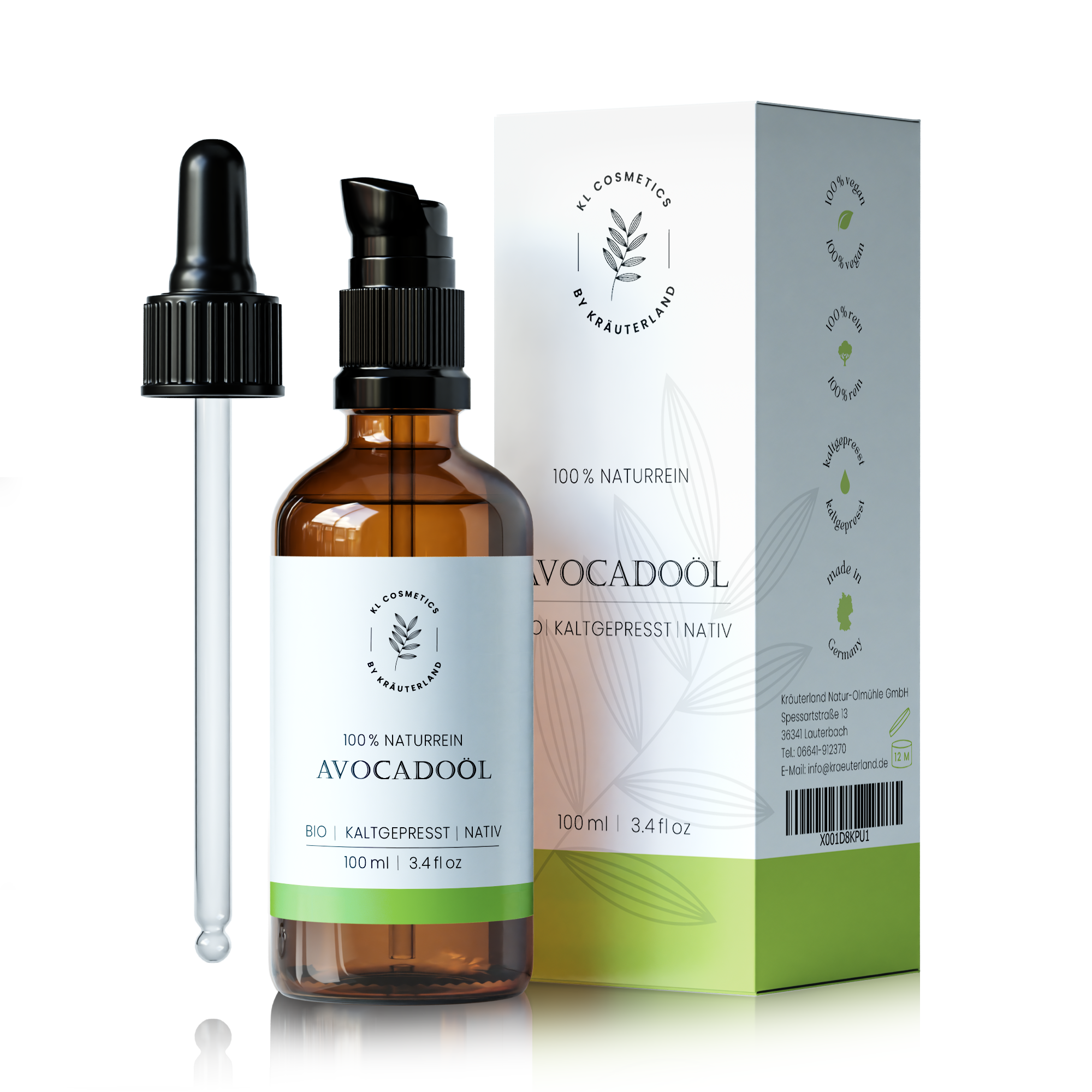 Avocado Hautöl mit Pipette und Produktschachtel Avocado Hautöl mit Pipette und Produktschachtel