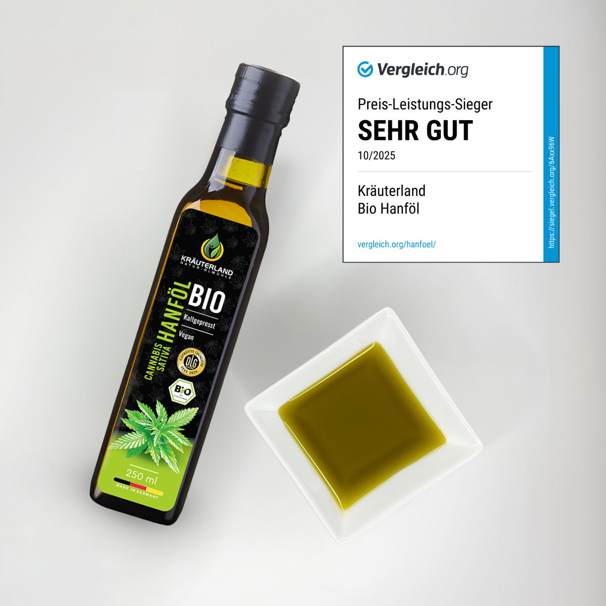 Kräuterland Bio Hanföl 250 ml mit Ölschale Eine 250 ml Flasche Bio Hanföl von Kräuterland, daneben eine liegende Schale zur ansprechenden Veranschaulichung des Produkts
