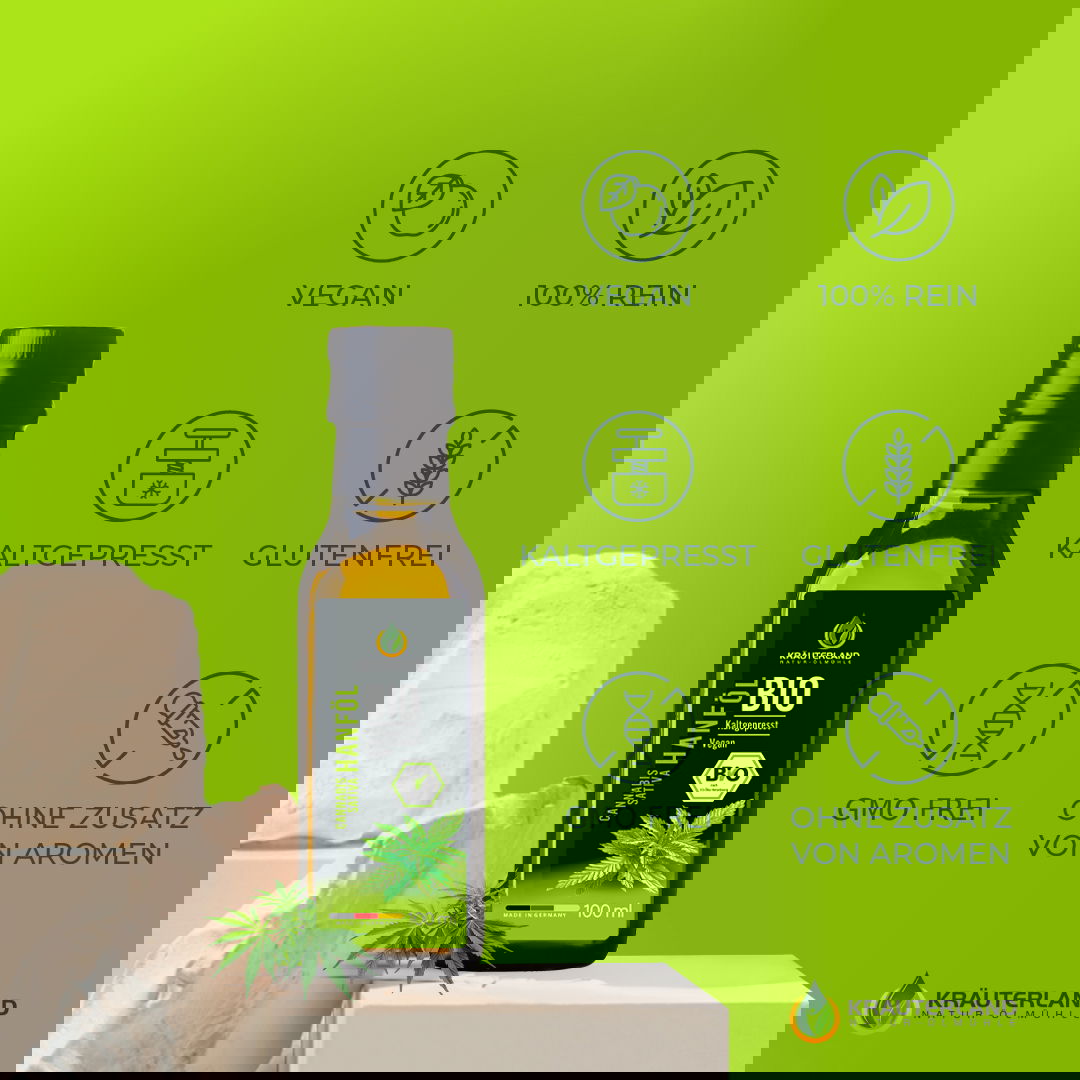 Bio Hanföl von Kräuterland mit Icons für vegan rein kaltgepresst glutenfrei gentechnikfrei und ohne Aromazusatz
