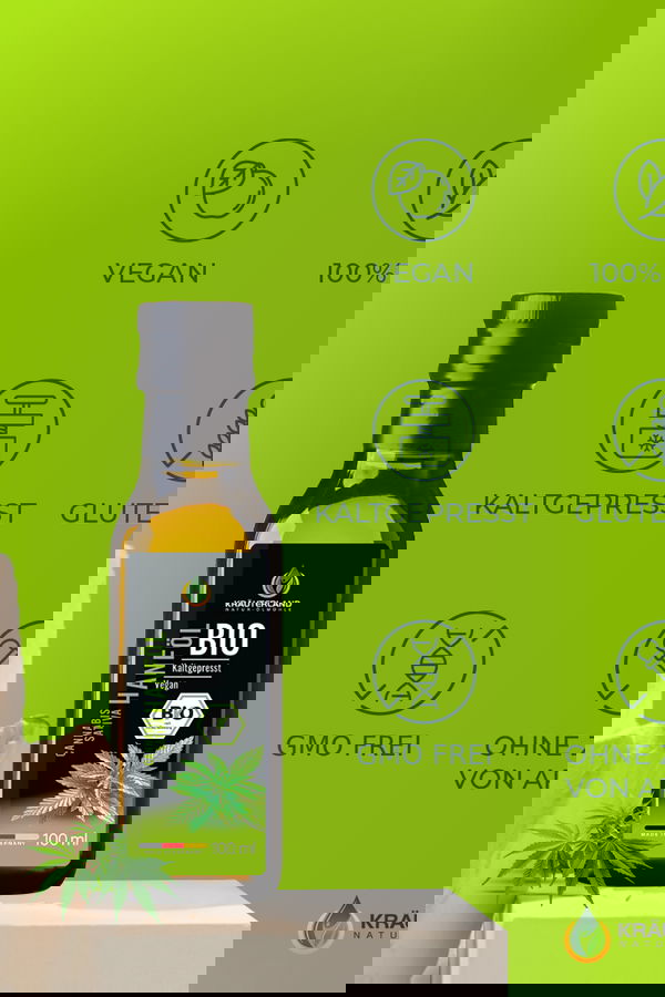 Bio Hanföl von Kräuterland mit Icons für vegan rein kaltgepresst glutenfrei gentechnikfrei und ohne Aromazusatz