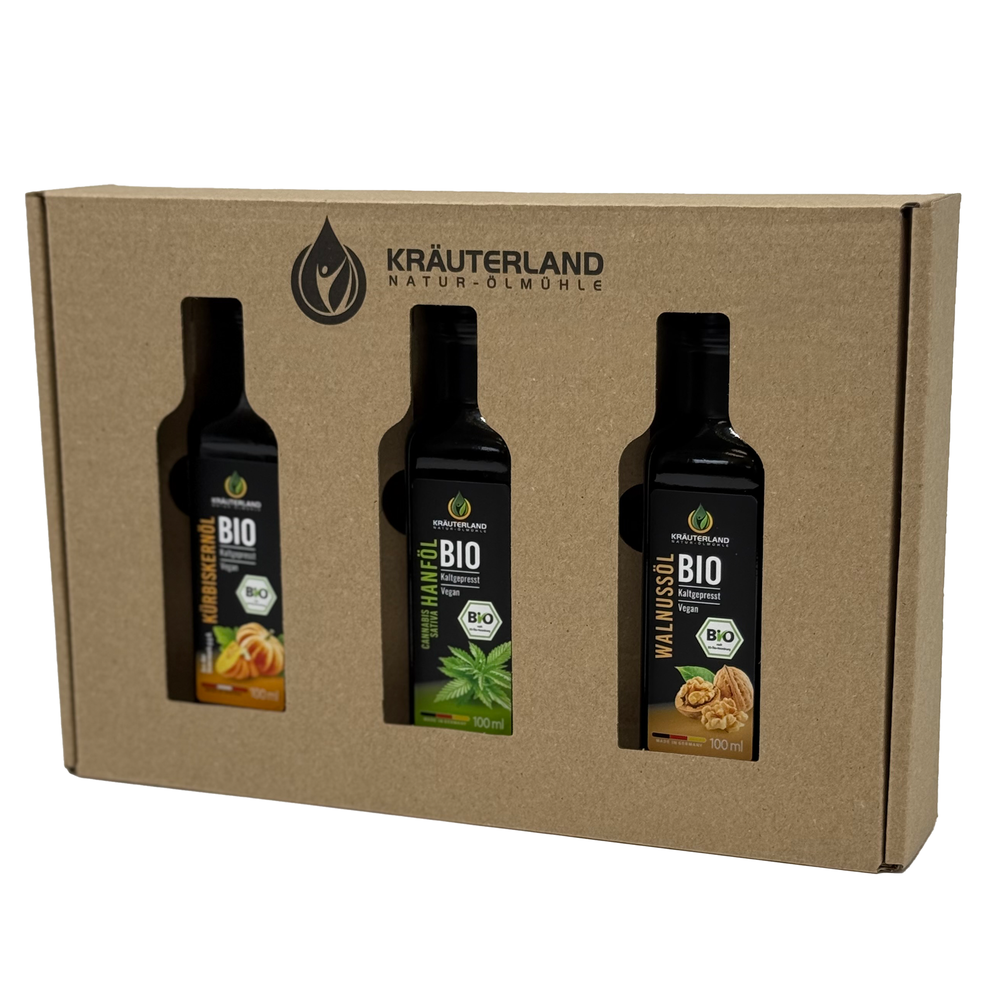 Bio Salatöl Set 100 ml – Kürbiskernöl, Hanföl und Walnussöl in Geschenkbox mit Sichtfenster