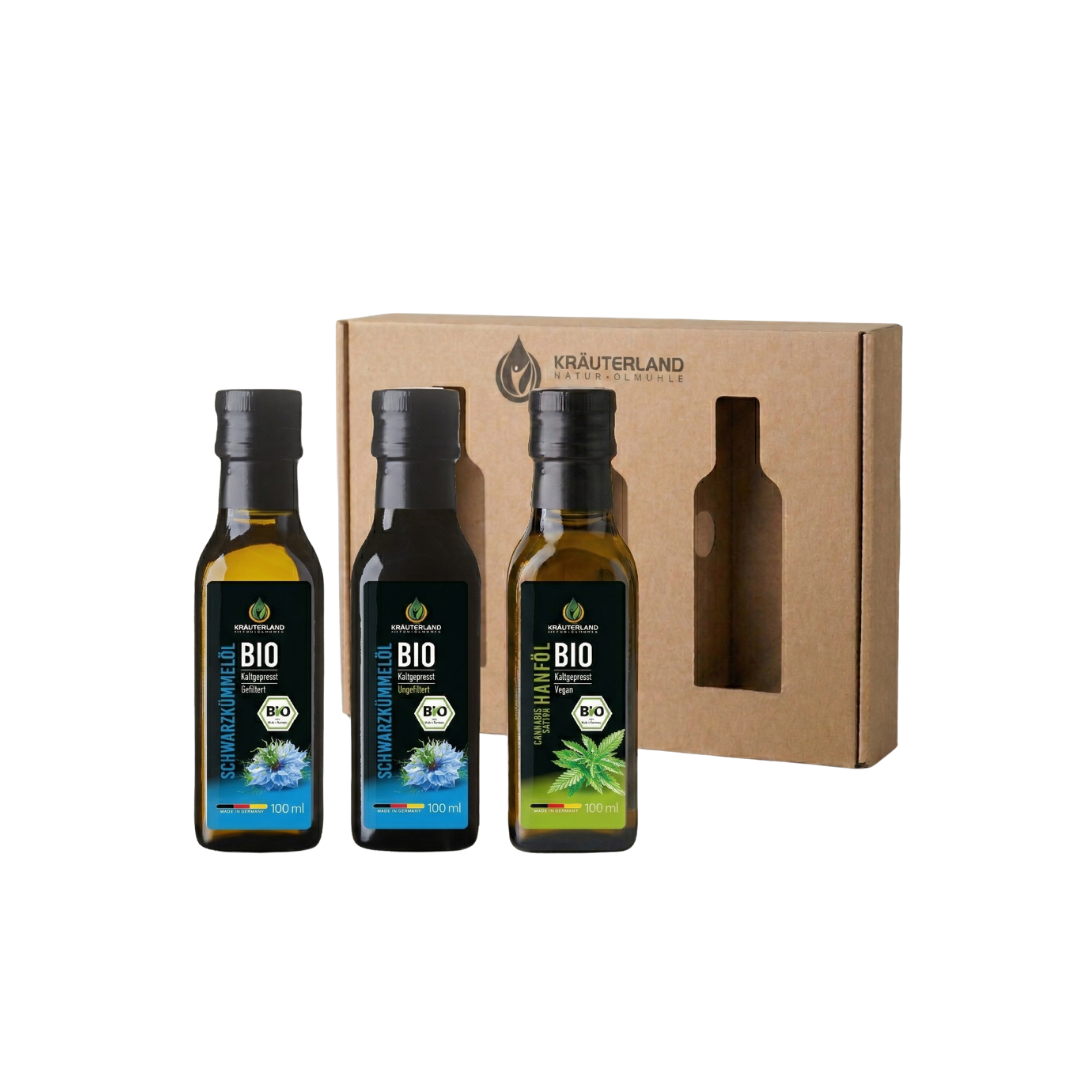 Bio Speiseöl Set 100 ml – Kräuterland Geschenkset mit Schwarzkümmelöl und Hanföl Vorderansicht