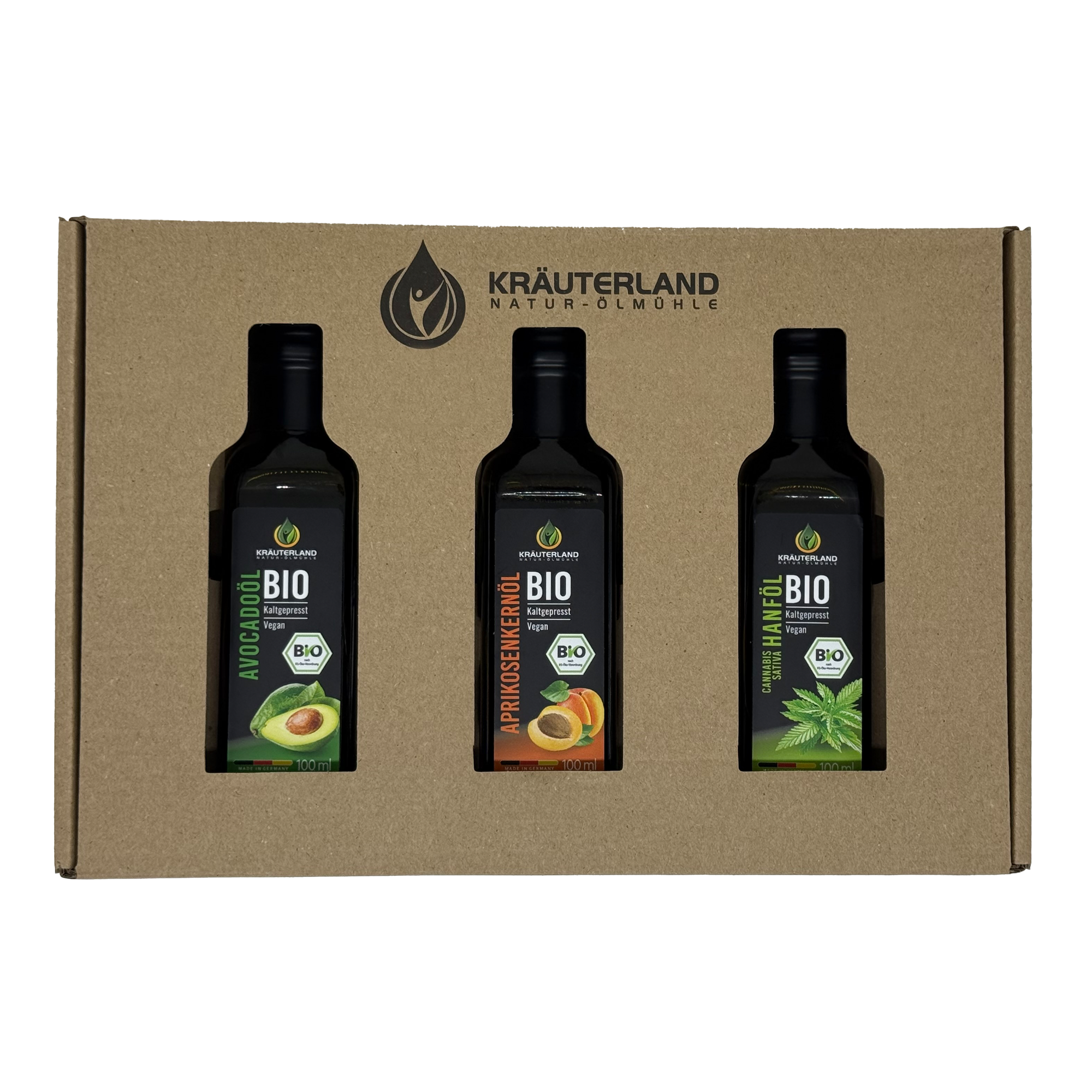 Bio Speiseöl Kennenlern Set 100 ml – Avocadoöl, Aprikosenkernöl und Hanföl von Kräuterland