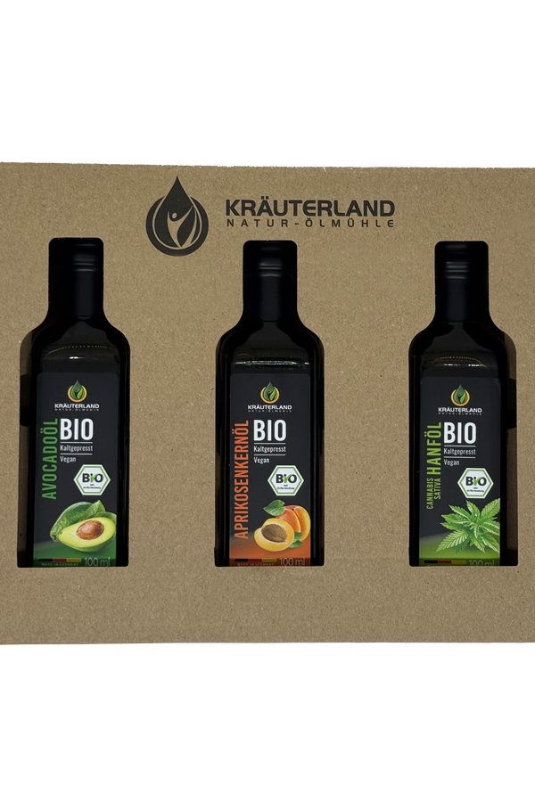 Bio Speiseöl Kennenlern Set 100 ml – Avocadoöl, Aprikosenkernöl und Hanföl von Kräuterland