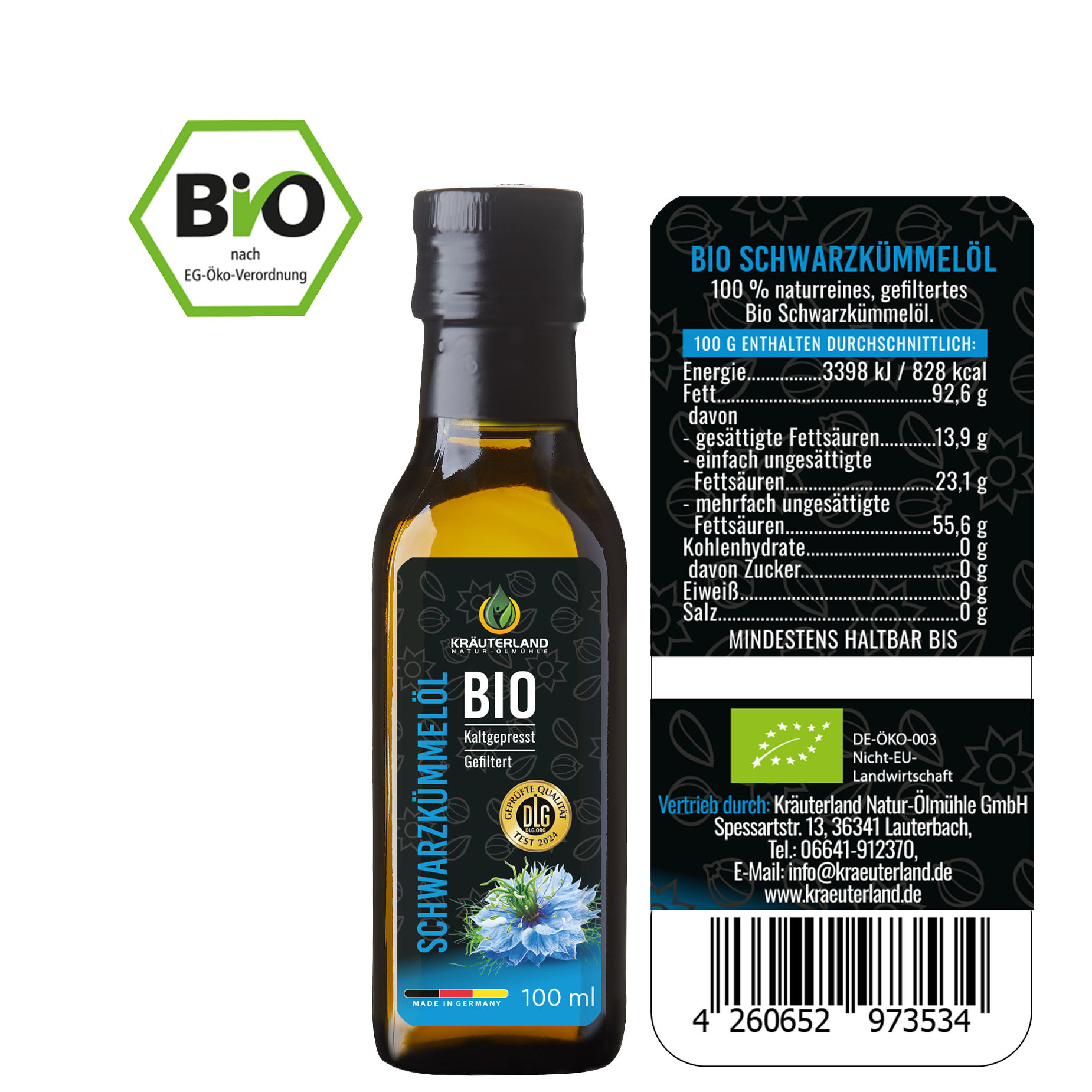Kräuterland Bio Schwarzkümmelöl gefiltert 100 ml Rückseite mit Etikett Kräuterland Bio Schwarzkümmelöl gefiltert 100 ml Rückseite mit Etikett