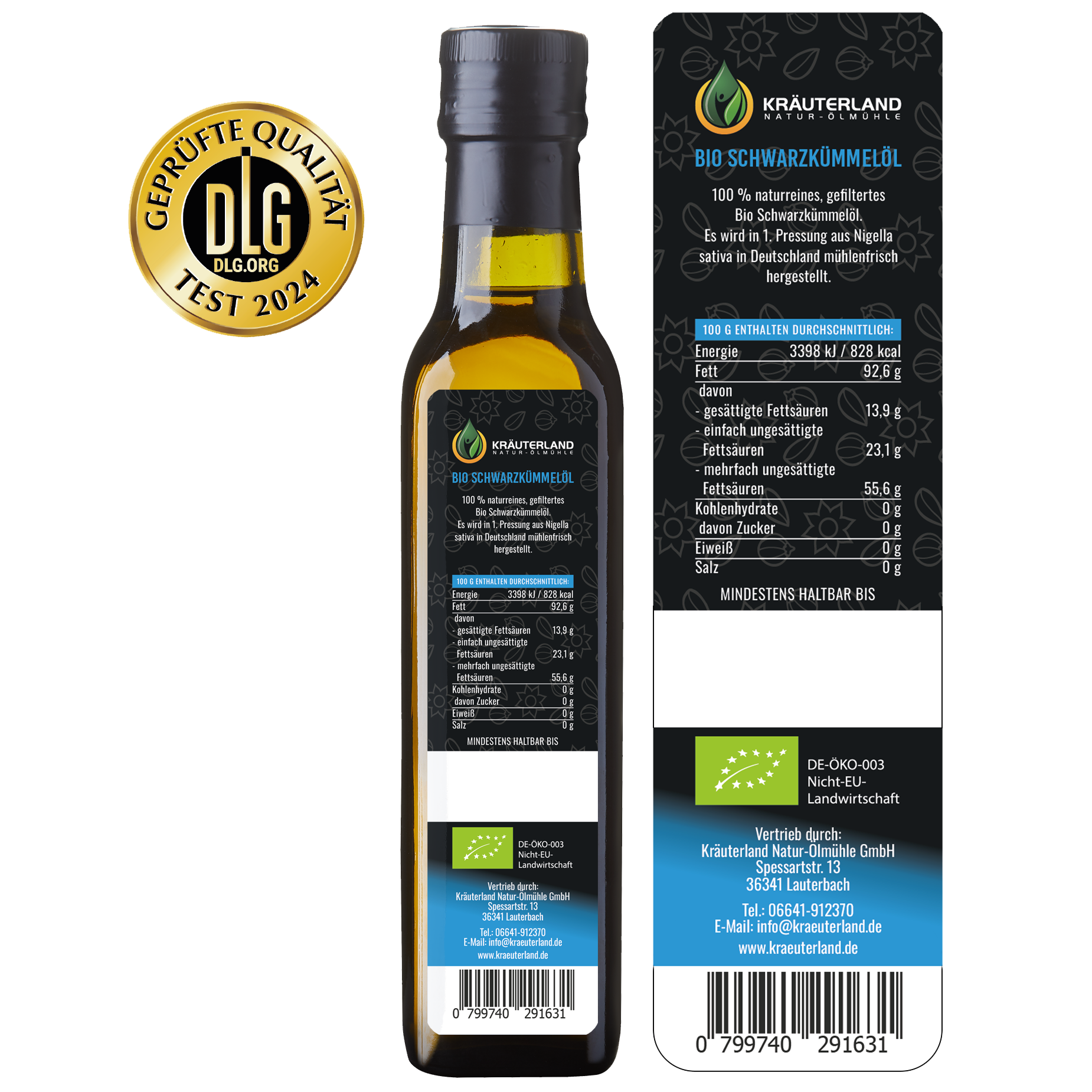 Kräuterland Schwarzkümmelöl gefiltert 250 ml Rückseite mit Etikett Kräuterland Schwarzkümmelöl gefiltert 250 ml Rückseite mit Etikett