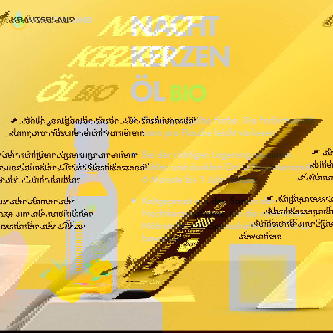 Bio Nachtkerzenöl von Kräuterland mit Informationen zu Farbe Lagerung und kaltgepresster Herstellung