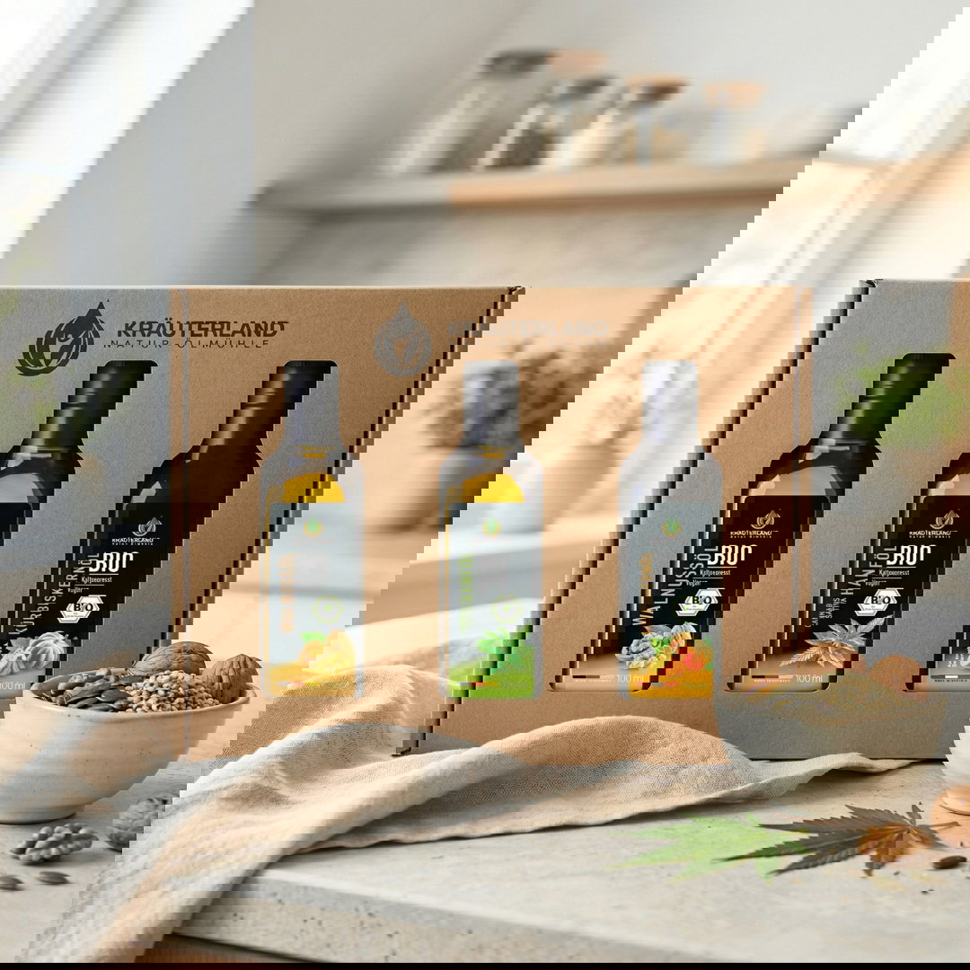 Bio Salatöl Set 100 ml – Kürbiskernöl, Hanföl und Walnussöl in Geschenkbox mit Sichtfenster