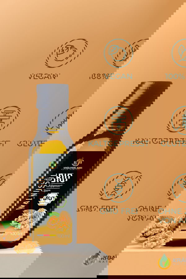 Bio Walnussöl von Kräuterland mit Icons für vegan rein kaltgepresst glutenfrei gentechnikfrei und ohne Aromazusatz