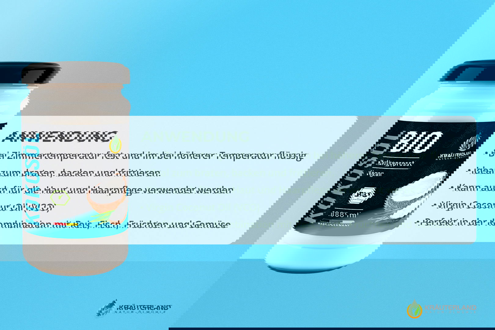 Anwendungstipps für Kräuterland Bio Kokosöl 1000 ml – ideal zum Kochen, Braten und für Haut- und Haarpflege