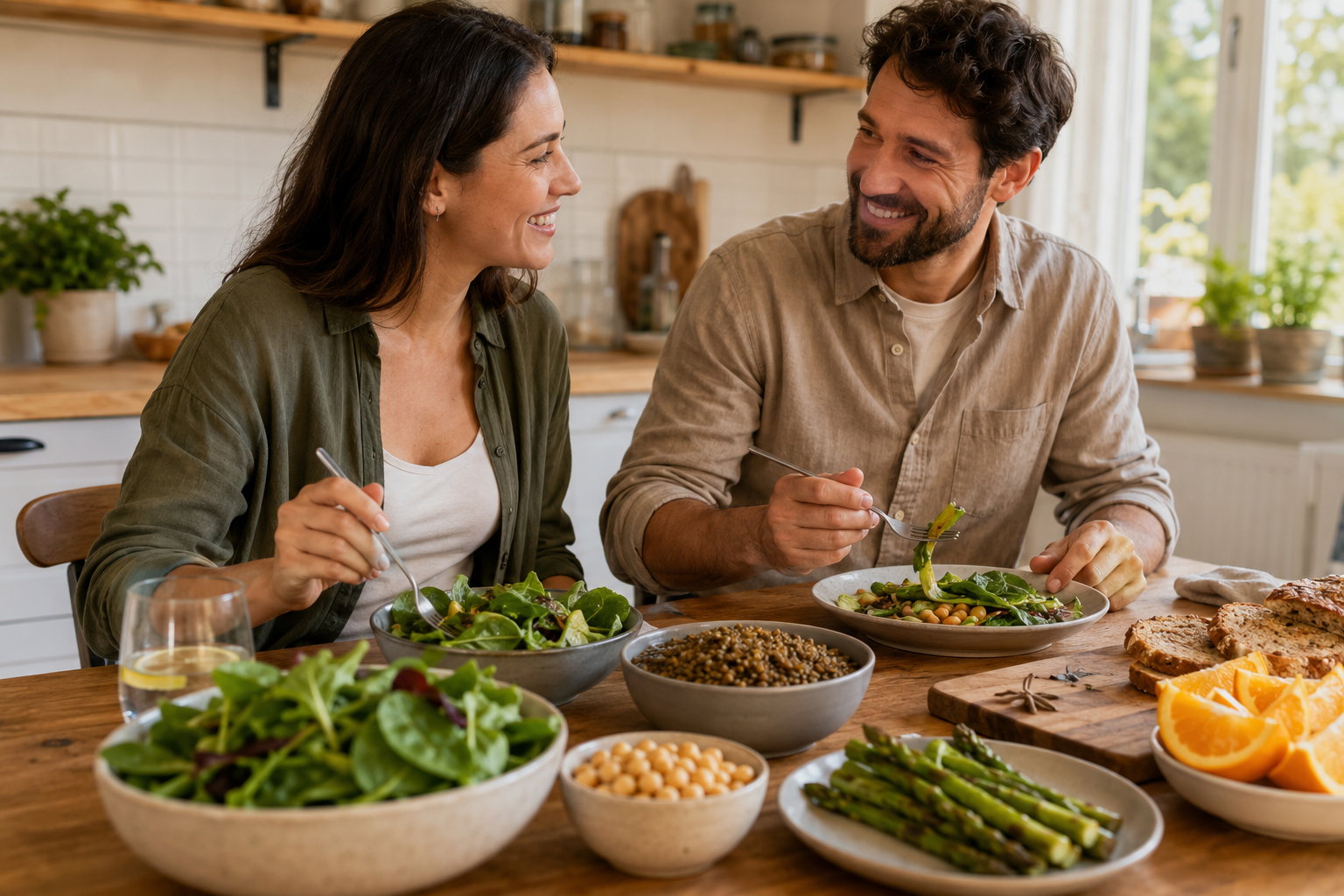 Paar beim Essen mit Blattsalat, Linsen, Kichererbsen, Spargel und Orange als Beispiele für folathaltige Lebensmittel