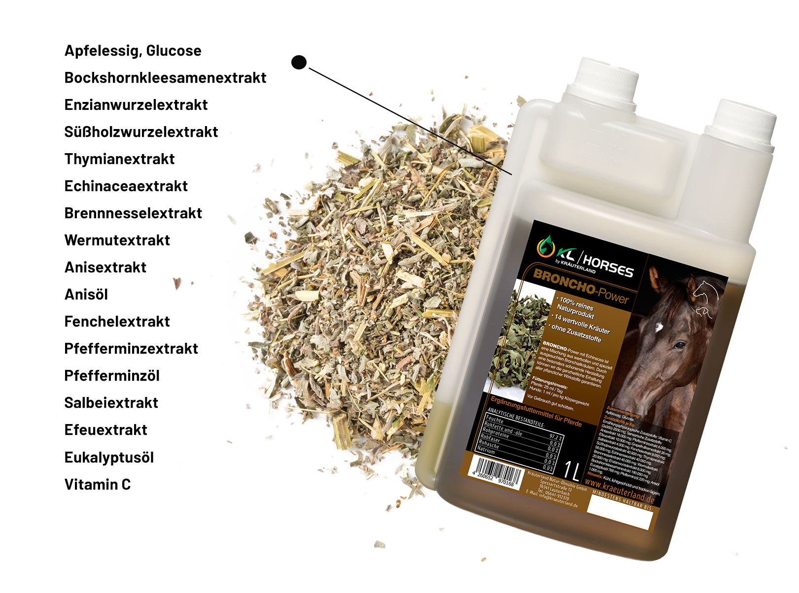 Eigenschaften von Broncho Power Liquid 1 Liter für Pferde Eigenschaften von Broncho Power Liquid 1 Liter für Pferde