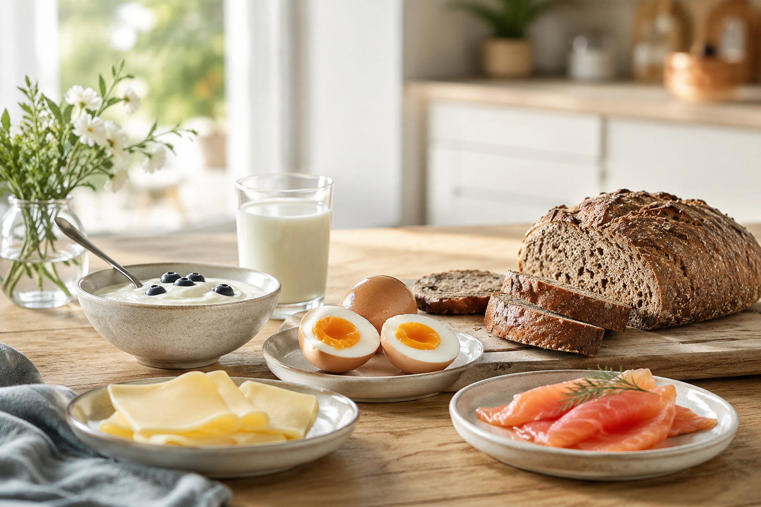 Vitamin-B12-Lebensmittel im Alltag Frühstückstisch mit Eiern, Käse, Lachs, Joghurt, Milch und Vollkornbrot als Beispiele für Vitamin-B12-Lebensmittel