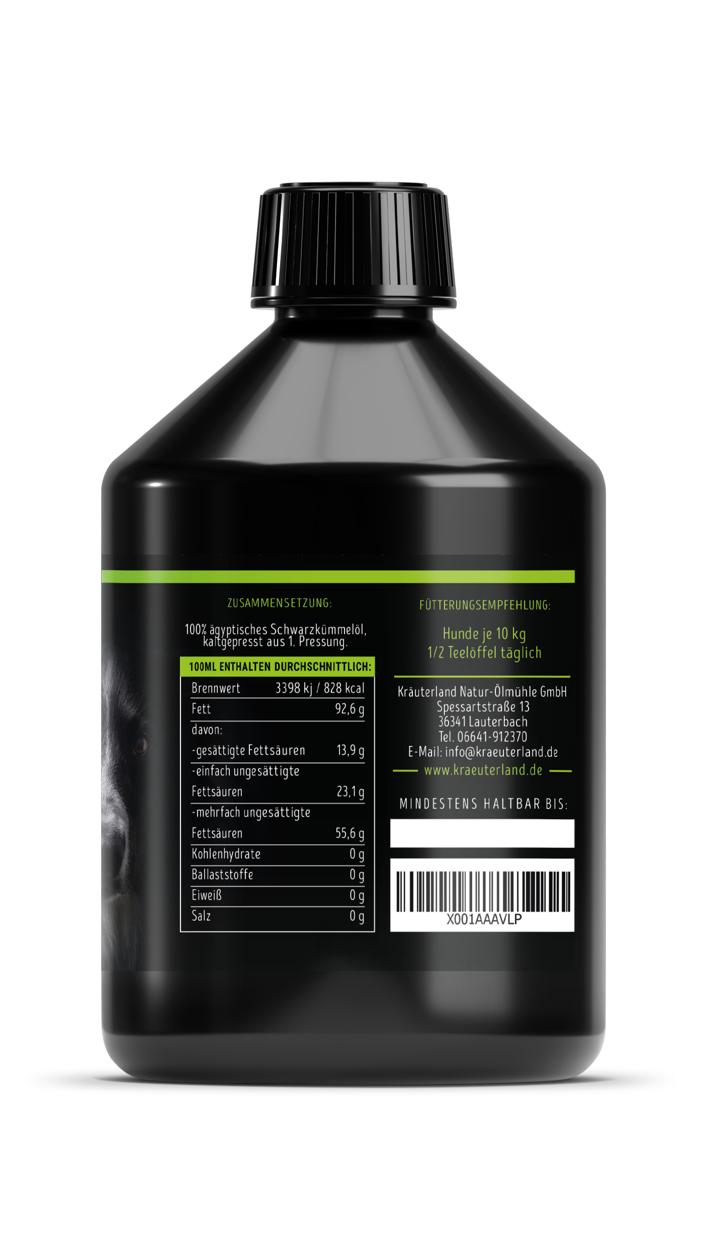 Schwarzkümmelöl für Hunde 500 ml Seitenansicht mit Nährwertangaben