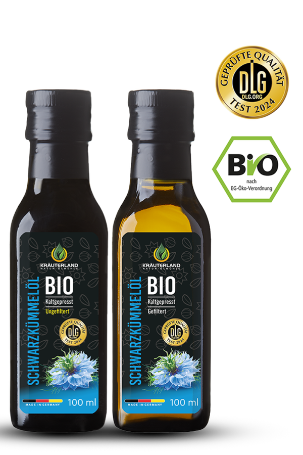 Set Bio Schwarzkümmelöl gefiltert 100ml + ungefiltert 100ml Set Bio Schwarzkümmelöl gefiltert 100ml + ungefiltert 100ml